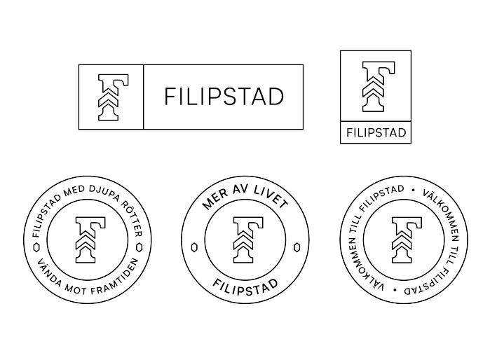 Fem varianter på logotypen för platsvarumärket
